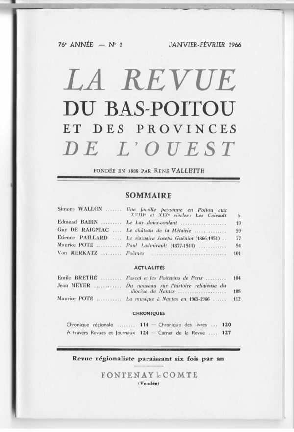 Revue du Bas-Poitou 1966 - 1ere livraison