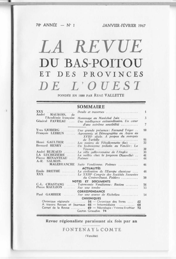 Revue du Bas-Poitou 1967 - 1ere livraison
